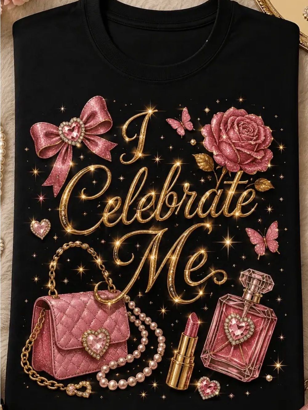 I Celebrate Me Girls' Black Graphic Tee with Pink Glitter Accents XL